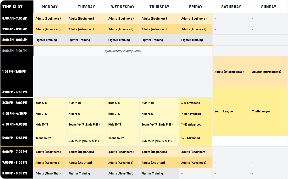 Circle Martial Arts Weekly Class Schedule